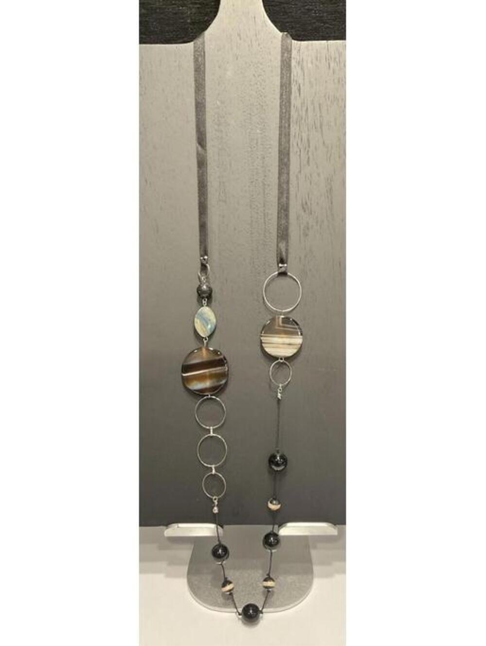 Silver Tone & Black Bead Long Necklace On Ribbon #461